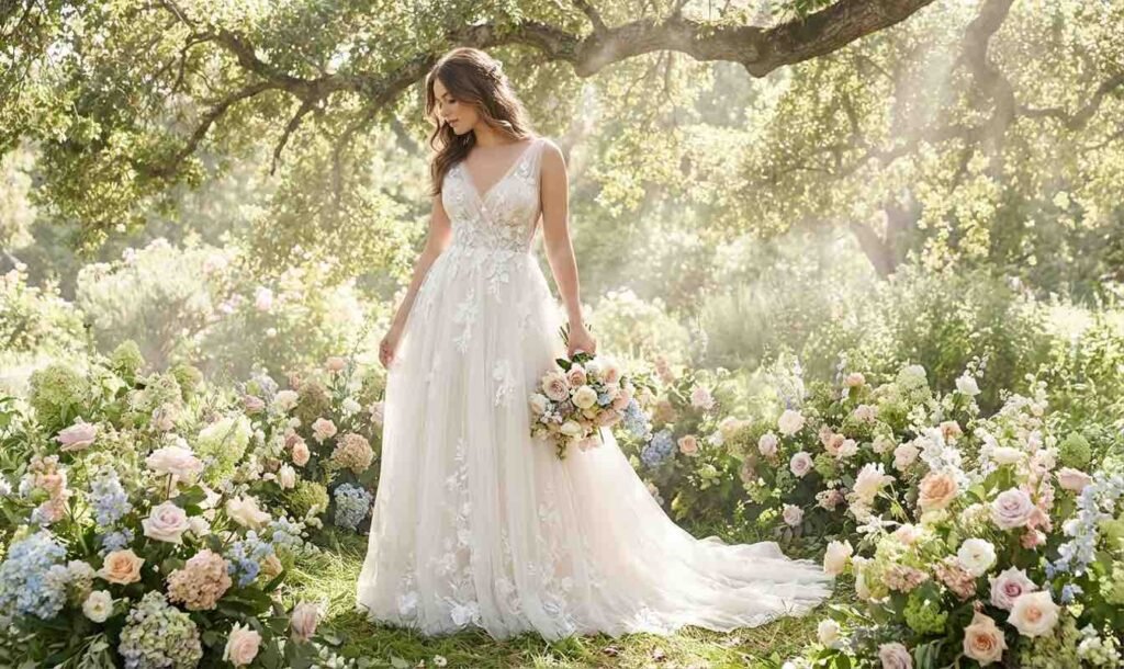 Noiva vestindo vestido de noiva em meio a flores