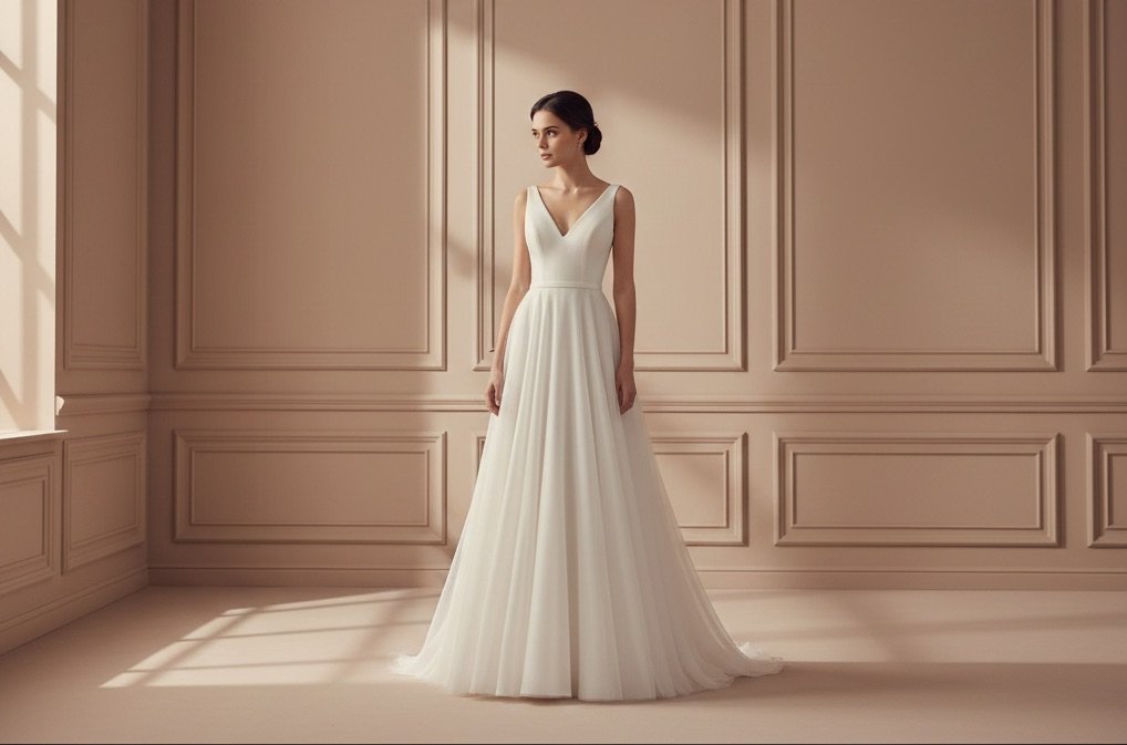 noiva vestindo um vestido de noiva . Evasê