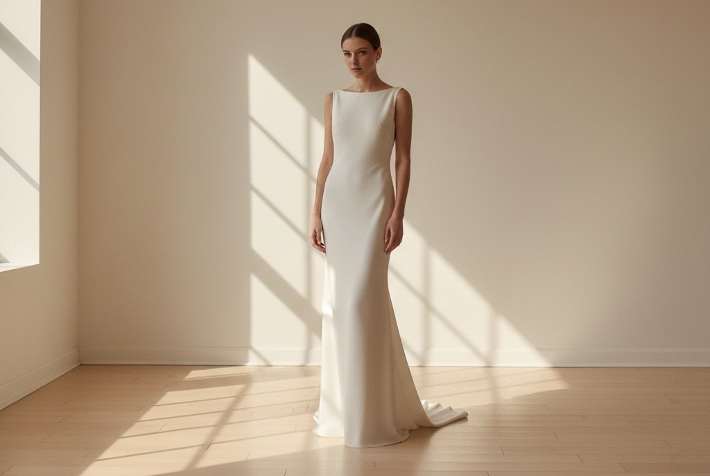 Mulher vestindo um vestido de noiva tubo