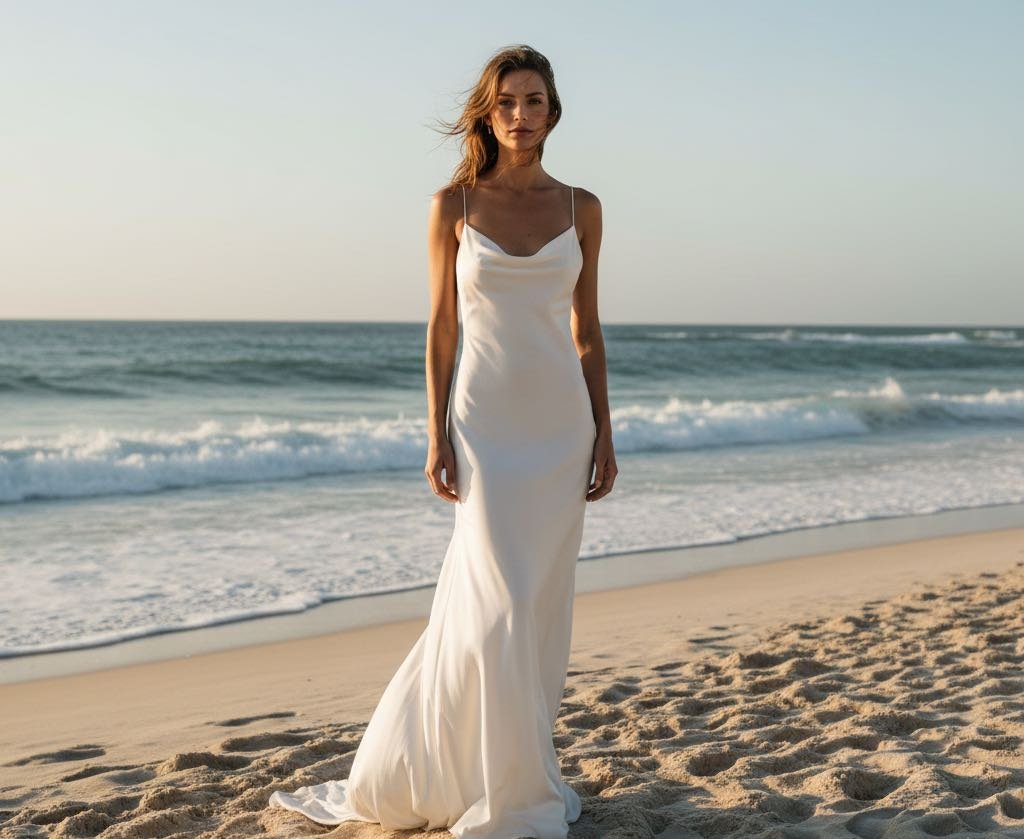 Noiva vestindo vestido de noiva na praia
