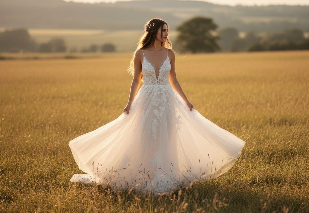 Noiva vestindo um vestido de noiva no campo